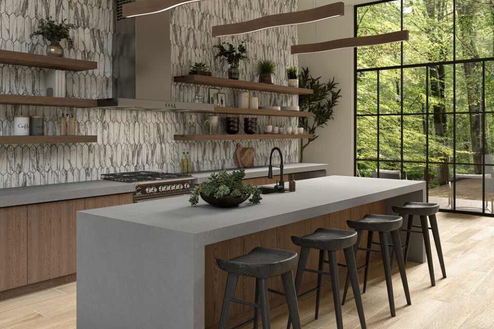 biophilic design in kitchen with open wood shelving, tile accent wall and greenery
